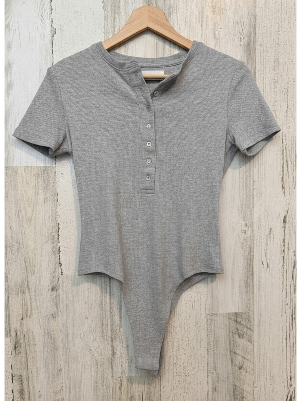 Every Women's Medium Gray Ribbed Henley Short Sleeve Bodysuit